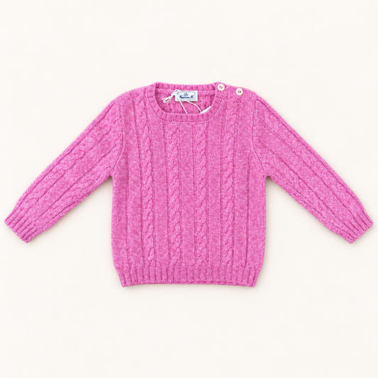 Cable Crew Neck Wool Shoulder buttons - Pink
